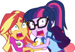 Size: 4363x3000 | Tagged: safe, artist:uponia, sci-twi, sunset shimmer, twilight sparkle, equestria girls, g4, my little pony equestria girls: legend of everfree, backpack, clothes, high res, open mouth, scared, screaming, shorts, simple background, transparent background, vector