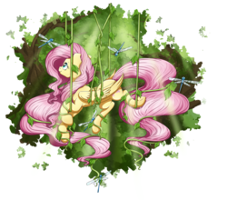 Size: 2839x2500 | Tagged: safe, artist:bratzoid, fluttershy, dragonfly, g4, crepuscular rays, female, forest, high res, smiling, solo, tangled up, vine