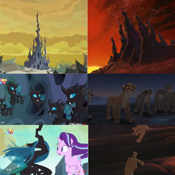 Size: 1000x999 | Tagged: safe, edit, edited screencap, screencap, queen chrysalis, starlight glimmer, big cat, changeling, changeling queen, lion, pony, unicorn, g4, to where and back again, changeling hive, comparison, female, hive, lioness, mare, the lion king