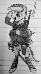Size: 1446x2560 | Tagged: safe, artist:coolumbus, bayonet, clothes, cute, gas mask, grayscale, gun, handgun, lined paper, monochrome, pickelhaube, pistol, rifle, soldier, solo, standing, sword, this will end in tears and/or death, traditional art, uniform, weapon, world war i