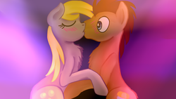 Size: 1280x720 | Tagged: safe, artist:jbond, derpy hooves, doctor whooves, time turner, earth pony, pegasus, pony, g4, blushing, duo, eyes closed, female, kissing, male, mare, ship:doctorderpy, shipping, stallion, straight