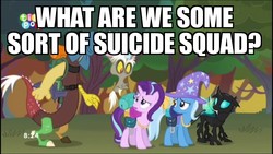 Size: 1136x640 | Tagged: safe, edit, edited screencap, screencap, discord, starlight glimmer, thorax, trixie, pony, unicorn, g4, to where and back again, caption, female, image macro, mare, meme, reformed four, suicide squad