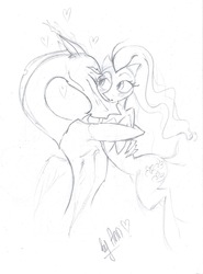 Size: 1482x1998 | Tagged: safe, artist:byannss, discord, fluttershy, g4, to where and back again, hug, male, monochrome, scene interpretation, ship:discoshy, shipping, straight