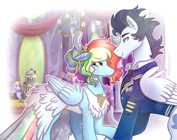 Size: 2221x1765 | Tagged: safe, artist:monnarcha, pinkie pie, rainbow blaze, rainbow dash, soarin', starlight glimmer, twilight sparkle, alicorn, pony, g4, 30 day otp challenge, clothes, dress, male, marriage, married, ship:soarindash, shipping, straight, tongue out, twilight sparkle (alicorn), twilight's castle, wavy mouth, wedding, wedding dress