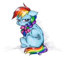 Size: 794x686 | Tagged: safe, artist:buttersprinkle, rainbow dash, pegasus, pony, g4, alternate hairstyle, bow, braid, cute, dashabetes, female, filly, filly rainbow dash, girly, grumpy, grumpy dash, hair bow, pouting, sitting, solo, younger