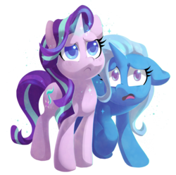 Size: 1765x1749 | Tagged: safe, artist:dawnfire, starlight glimmer, trixie, pony, unicorn, g4, to where and back again, colored pupils, female, magic, mare, missing accessory, raised hoof, scared, scene interpretation, simple background, transparent background