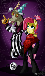 Size: 800x1343 | Tagged: safe, artist:xjkenny, discord, fluttershy, anthro, unguligrade anthro, g4, arm hooves, beetlejuice, duo, lydia deetz