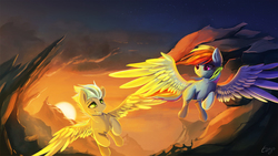 Size: 1701x957 | Tagged: safe, artist:tangomangoes, rainbow dash, oc, oc:storm chaser, pegasus, pony, g4, cliff, duo, female, flying, male, mare, stallion, sunset