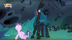 Size: 1657x934 | Tagged: safe, screencap, queen chrysalis, starlight glimmer, thorax, changeling, changeling queen, pony, unicorn, g4, to where and back again, changeling guard, female, starlight vs chrysalis