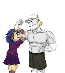 Size: 800x900 | Tagged: safe, artist:kul, bulk biceps, indigo zap, equestria girls, g4, bulkzap, cap, flexing, hat, looking at each other, male, no pupils, pose, shipping, simple background, straight, white background