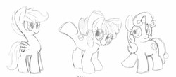 Size: 1280x565 | Tagged: safe, artist:trickydick, apple bloom, scootaloo, sweetie belle, g4, cutie mark, cutie mark crusaders, monochrome, pencil drawing, raised leg, sketch, the cmc's cutie marks, traditional art