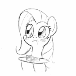 Size: 820x819 | Tagged: safe, artist:trickydick, fluttershy, g4, blush sticker, blushing, cute, eating, female, food, monochrome, pancakes, shyabetes, sketch, solo