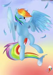 Size: 679x960 | Tagged: safe, artist:庞淇友‎, rainbow dash, pegasus, pony, g4, cloud, feather, female, flying, looking at you, one eye closed, rainbow background, smiling, smirk, solo, wink, winking at you