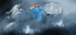 Size: 1000x462 | Tagged: safe, artist:sv37, rainbow dash, pegasus, pony, g4, lightning, solo, storm