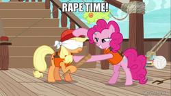 Size: 800x449 | Tagged: safe, edit, edited screencap, screencap, applejack, pinkie pie, g4, ppov, blindfold, image macro, meme, rape time, stick