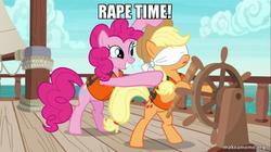 Size: 800x449 | Tagged: safe, edit, edited screencap, screencap, applejack, pinkie pie, g4, my little pony: friendship is magic, ppov, blindfold, image macro, makeameme.org, meme, rape time