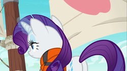 Size: 1100x618 | Tagged: safe, screencap, rarity, pony, unicorn, g4, my little pony: friendship is magic, ppov, butt, female, glowing horn, horn, lidded eyes, lifejacket, mare, plot, solo