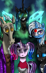Size: 887x1400 | Tagged: safe, artist:not-ordinary-pony, discord, queen chrysalis, starlight glimmer, thorax, trixie, pony, unicorn, g4, to where and back again, crossover, deadshot, el diablo, female, harley quinn, jokercord, mare, reformed four, suicide squad, the joker