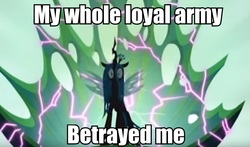 Size: 944x555 | Tagged: safe, edit, edited screencap, screencap, queen chrysalis, changeling, changeling queen, g4, my little pony: friendship is magic, to where and back again, betrayal, caption, chrysalis' throne, female, sad, solo, throne