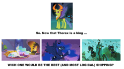 Size: 4112x2308 | Tagged: safe, edit, edited screencap, screencap, princess celestia, princess luna, queen chrysalis, thorax, alicorn, changeling, changeling queen, pony, g4, to where and back again, changeling king, changeling officer, chrysarax, female, filly, foal, king thorax, male, ship:thuna, shipper on deck, simple background, straight, thoralestia, white background