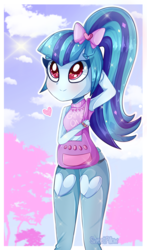 Size: 1024x1746 | Tagged: dead source, safe, artist:vixelzf, sonata dusk, equestria girls, g4, bag, clothes, cute, female, pants, smiling, solo, sonatabetes