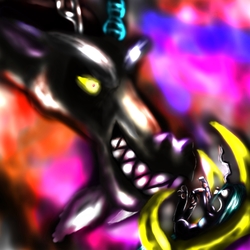 Size: 5000x5000 | Tagged: safe, artist:billyggruff, discord, queen chrysalis, g4, to where and back again, absurd resolution, abuse, chaos, chrysabuse, claw, glowing eyes, grin, lord of chaos, punish the villain, size difference, smiling