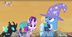 Size: 1895x975 | Tagged: safe, screencap, starlight glimmer, thorax, trixie, pony, unicorn, g4, to where and back again, female, mare, meme, youtube caption