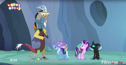 Size: 1895x975 | Tagged: safe, screencap, discord, starlight glimmer, thorax, trixie, pony, unicorn, g4, to where and back again, female, mare, meme, reformed four, youtube caption