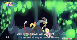 Size: 1895x975 | Tagged: safe, screencap, discord, fluttershy, changeling, g4, to where and back again, crying flutterlings, disguise, disguised changeling, fake fluttershy, meme, youtube caption