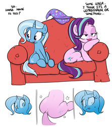 Size: 854x960 | Tagged: safe, artist:shoutingisfun, starlight glimmer, trixie, pony, unicorn, g4, :o, anon's couch, butt, comic, couch, cute, dat ass, diatrixes, eyes on the prize, female, glimmer glutes, glimmerbetes, implied anon, implied startrix, leaning, lesbian, lidded eyes, lip bite, looking at butt, mare, meme, open mouth, plot, ship:startrix, shipping, simple background, sitting, slice of life, smiling, stupid sexy starlight glimmer, sweat, the ass was fat, trixie's cape, trixie's hat, white background, wide eyes