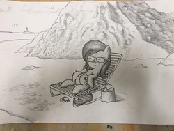 Size: 4032x3024 | Tagged: safe, artist:mranthony2, fluttershy, crab, pony, g4, beach, bucket, lighthouse, lying down, monochrome, ocean, on back, shading, solo, sunglasses, traditional art
