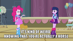 Size: 1280x720 | Tagged: safe, screencap, pinkie pie, twilight sparkle, equestria girls, g4, balloon, boots, bracelet, caption, clothes, high heel boots, jewelry, skirt, twilight sparkle (alicorn)