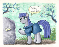 Size: 1200x959 | Tagged: safe, artist:kaikaku, boulder (g4), maud pie, earth pony, pony, g4, clothes, colored pinnae, female, mare, open mouth, rock, solo, speech bubble, standing, talking