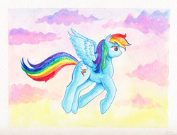 Size: 1200x915 | Tagged: safe, artist:kaikaku, rainbow dash, g4, female, flying, solo, traditional art, watercolor painting