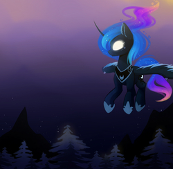 Size: 1600x1559 | Tagged: safe, artist:magnaluna, princess luna, g4, female, flying, glowing eyes, mountain, night, pine tree, solo, stars, tree