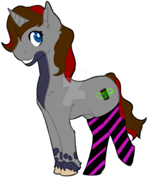 Size: 1024x1222 | Tagged: safe, artist:celestialgrounds, oc, oc only, oc:gwynkiri, pony, unicorn, clothes, socks, solo, stockings, striped socks, watermark