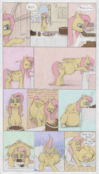 Size: 1500x2646 | Tagged: safe, artist:difetra, fluttershy, pegasus, pony, belly, big belly, brownies, cake, comic, cookie, cupcake, eating, fat, fattershy, female, food, mare, solo, stuffed, stuffing, weight gain