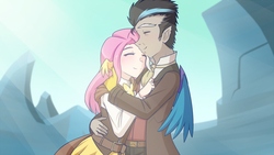 Size: 1280x720 | Tagged: safe, artist:jonfawkes, discord, fluttershy, human, g4, my little pony: friendship is magic, to where and back again, clothes, humanized, male, pants, scene interpretation, ship:discoshy, shipping, straight, wing ears, winged humanization