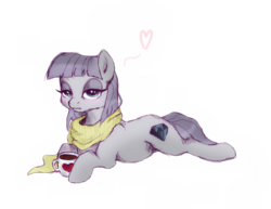 Size: 1230x952 | Tagged: safe, artist:buttersprinkle, maud pie, g4, chocolate, clothes, female, food, heart, hot chocolate, mug, scarf, solo, wrong cutie mark