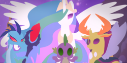 Size: 2000x1003 | Tagged: safe, artist:animanatole, princess celestia, princess ember, spike, thorax, changedling, changeling, dragon, g4, to where and back again, bloodstone scepter, canterlot, dragon lord ember, flat colors, king thorax, lineless, wallpaper