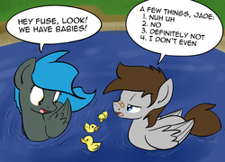Size: 1138x819 | Tagged: safe, artist:duckponies, artist:whatsapokemon, oc, oc only, oc:fuselight, oc:jade shine, bird, duck, pegasus, pony, baby duck syndrome, bandaid, bandaid on nose, dialogue, duckling, female, lidded eyes, male, mare, open mouth, pegaduck, smiling, stallion, water