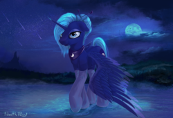 Size: 3500x2400 | Tagged: safe, artist:1deathpony1, princess luna, alicorn, pony, g4, alternate hairstyle, canterlot, chopsticks in hair, clothes, color porn, female, high res, lake, moon, night, s1 luna, socks, solo, stars, walking on water