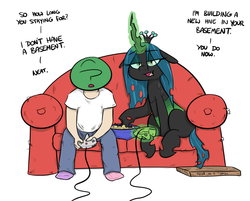 Size: 952x765 | Tagged: safe, artist:shoutingisfun, queen chrysalis, oc, oc:anon, changeling, human, g4, anon's couch, bowl, clothes, controller, couch, dialogue, eyeshadow, female, floppy ears, food, gamer chrysalis, magic, makeup, male, mismatched socks, nintendo 64, open mouth, pants, pizza, pizza box, popcorn, shirt, simple background, sitting, socks, telekinesis, video game, white background