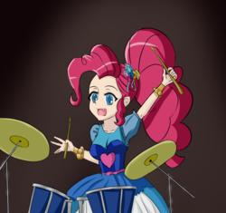 Size: 800x752 | Tagged: safe, artist:icesticker, pinkie pie, human, equestria girls, g4, my little pony equestria girls: legend of everfree, 45 minute art challenge, alternate hairstyle, clothes, colored pupils, crystal gala, crystal gala dress, cute, cute little fangs, diapinkes, dress, drum kit, drums, drumsticks, fangs, female, musical instrument, open mouth, solo