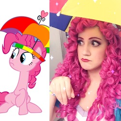 Size: 2048x2048 | Tagged: safe, artist:sarahndipity cosplay, pinkie pie, human, pony, equestria girls, feeling pinkie keen, g4, clothes, comparison, cosplay, costume, hat, high res, irl, irl human, photo, pinkie sense, umbrella hat