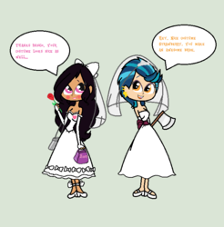 Size: 686x696 | Tagged: safe, artist:obeliskgirljohanny, indigo zap, oc, oc:strawberry rose, equestria girls, g4, axe, clothes, costume, dress, humanized, looking at each other, nightmare night costume, weapon, wedding dress