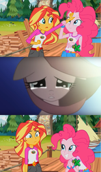 Size: 1368x2304 | Tagged: safe, screencap, pinkie pie, sunset shimmer, equestria girls, g4, my little pony equestria girls: legend of everfree, discovery kids, exploitable meme, higurashi no naku koro ni, male, meme, naraku no hana, pinkamena diane pie, pinkie cry, sad, screencap comic, sunset sees things