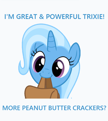 Size: 742x836 | Tagged: safe, trixie, pony, unicorn, g4, to where and back again, bag, crackers, cute, diatrixes, female, food, great and powerful, happy, mare, mouth hold, peanut butter, peanut butter crackers, solo, that pony sure does love peanut butter crackers, to saddlebags and back again