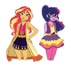 Size: 1280x1185 | Tagged: safe, artist:actionkiddy, sci-twi, sunset shimmer, twilight sparkle, equestria girls, g4, my little pony equestria girls: legend of everfree, alternate clothes, camp fashion show outfit, cute, duo, shimmerbetes, simple background, twiabetes, white background