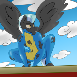 Size: 4000x4000 | Tagged: safe, artist:php37, thunderlane, pegasus, anthro, unguligrade anthro, g4, catsuit, clothes, latex, male, solo, spread wings, torn clothes, wonderbolt trainee uniform, wonderbolts